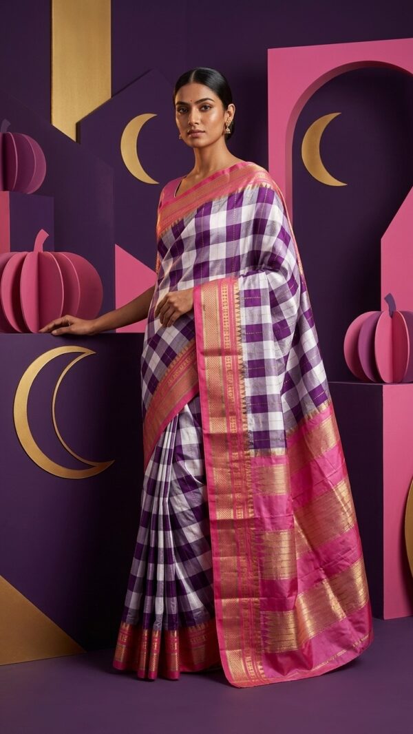 Model wearing Mahagauri purple and ivory checks pure silk Ilkal saree with pink Gali Dhadi border and Tope Pallu