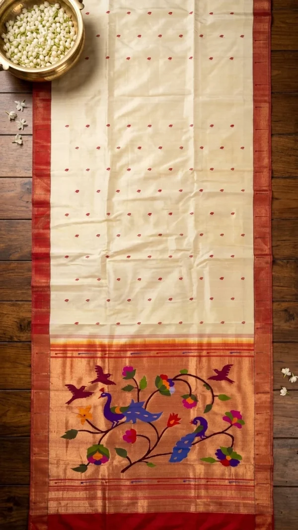Mayura Bagh cream and rust Paithani — flatlay flowers
