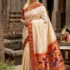 Mayura Bagh cream and rust Paithani — model drape