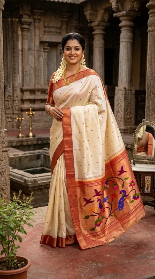 Mayura Bagh cream and rust Paithani — model drape
