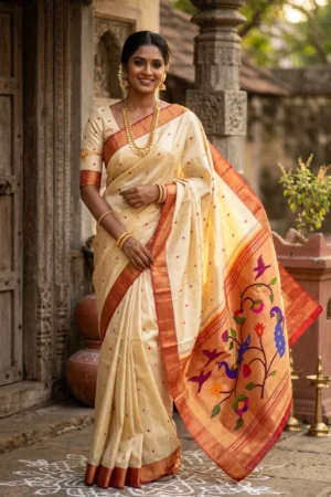 Mayura Bagh cream and rust Paithani — model main