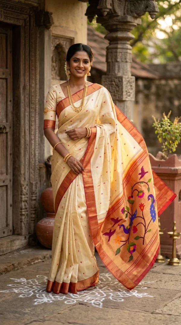 Mayura Bagh cream and rust Paithani — model main