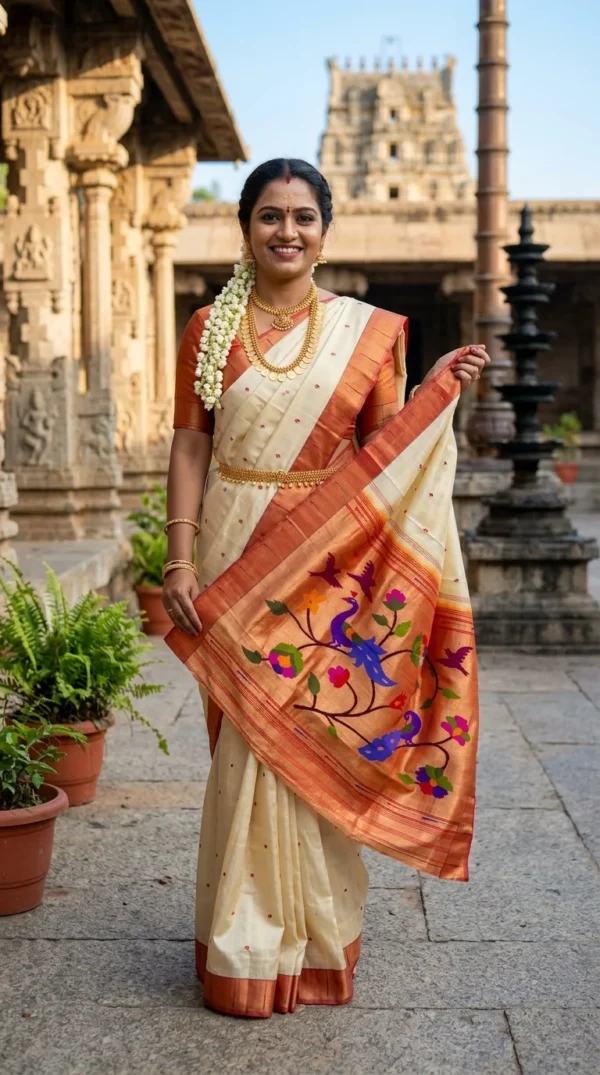 Mayura Bagh cream and rust Paithani — model pallu