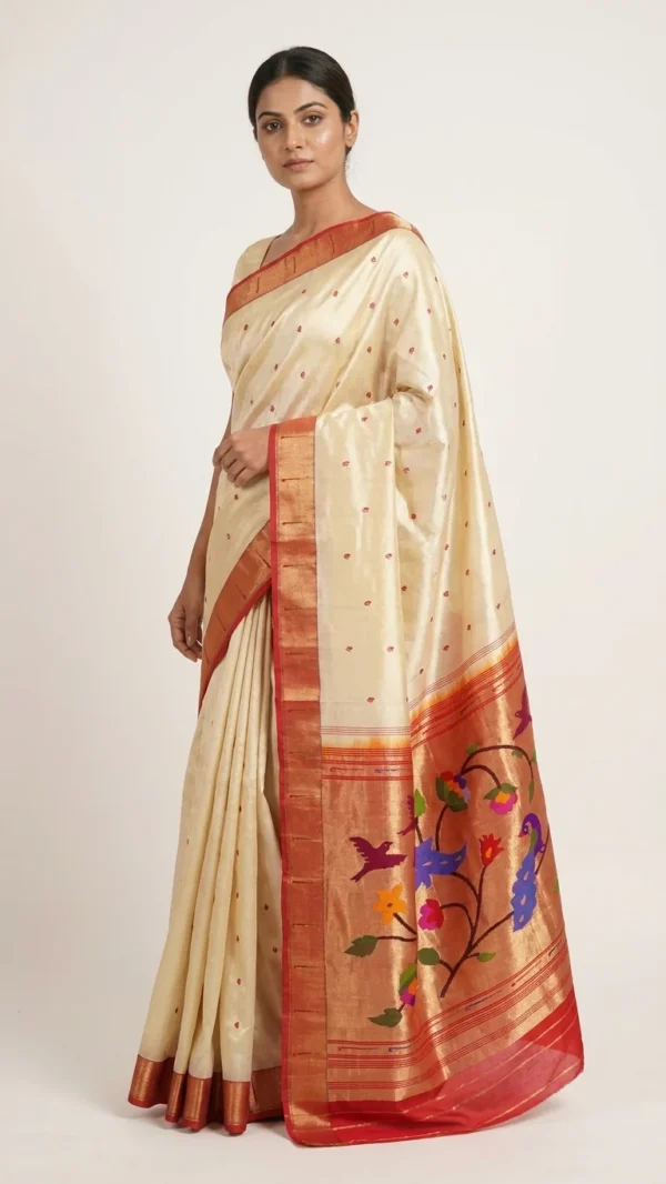 Mayura Bagh cream and rust Paithani — model studio