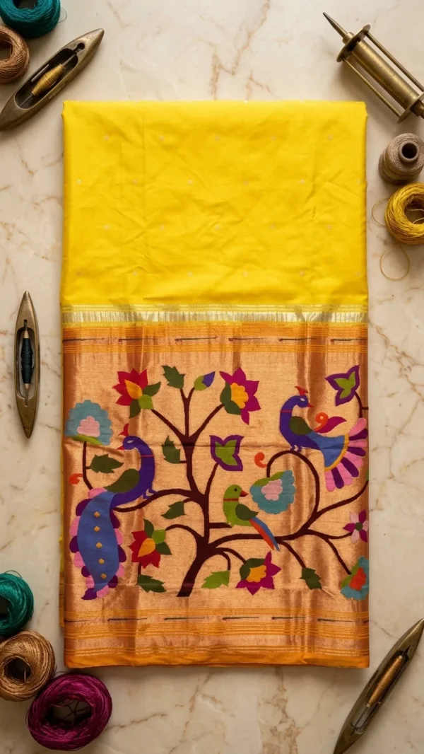 Yellow handloom pure silk Paithani — flatlay