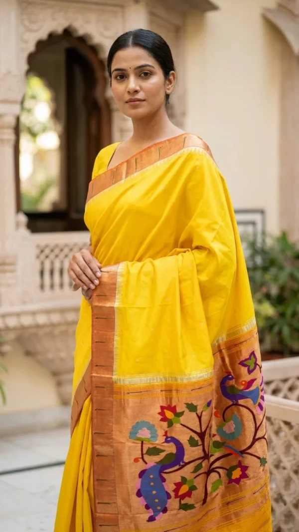 Yellow handloom pure silk Paithani — model detail