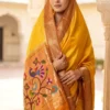 Yellow handloom pure silk Paithani — model drape