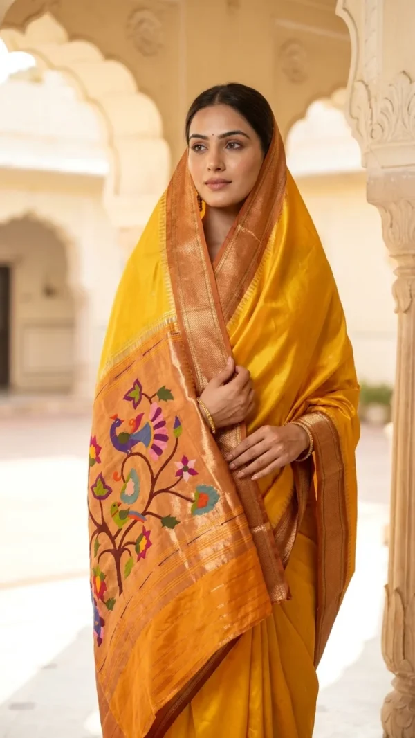 Yellow handloom pure silk Paithani — model drape