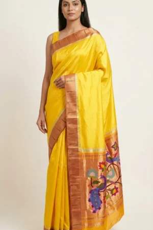 yellow-paithani-model-main Yellow handloom pure silk Paithani — model main