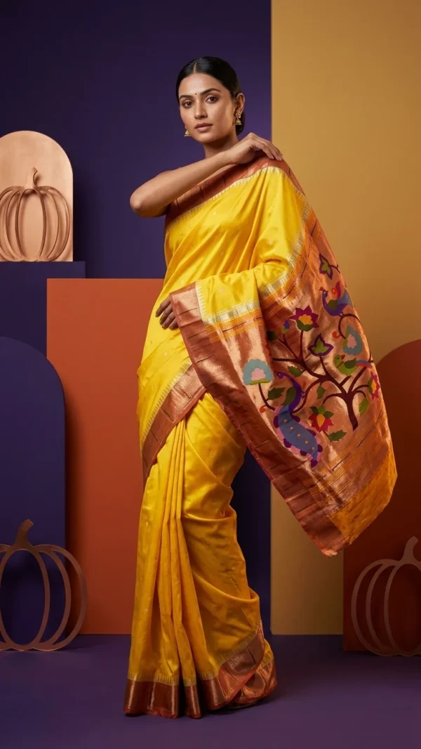 Yellow handloom pure silk Paithani — model studio